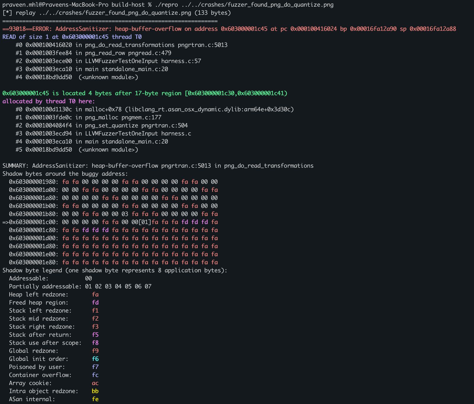 ASan crash report showing heap-buffer-overflow READ in png_do_quantize